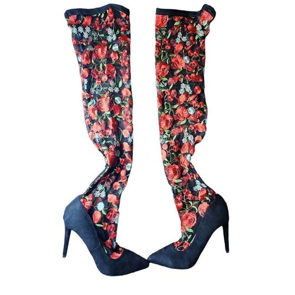 Design by Jacobies Black Sheer Mesh Embroidered Floral Over the Knee Sti… - Picture 2 of 10